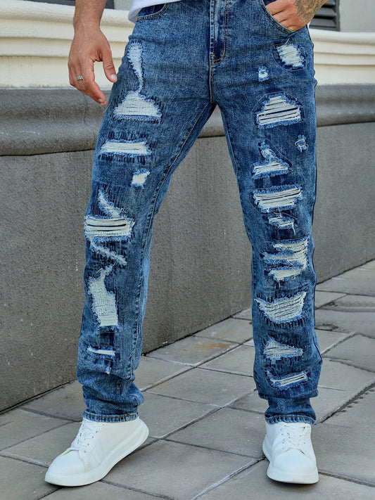 Men's Fashion Elastic Ripped Embroidered Pants, All Ripped Embroidery, Embroidery Mess, Stir-Fried Rinsing Water-105BLUE