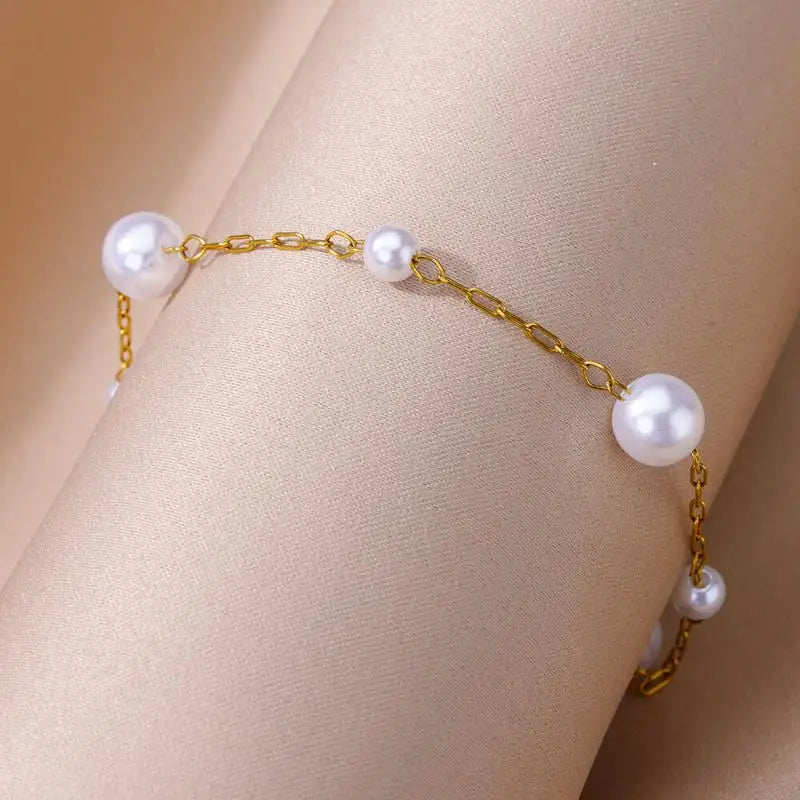 Anklets for Women Summer Beach Accessories Stainless Steel Imitation Pearl Chain Anklet Gold Color Leg Bracelets Bodychain Gifts