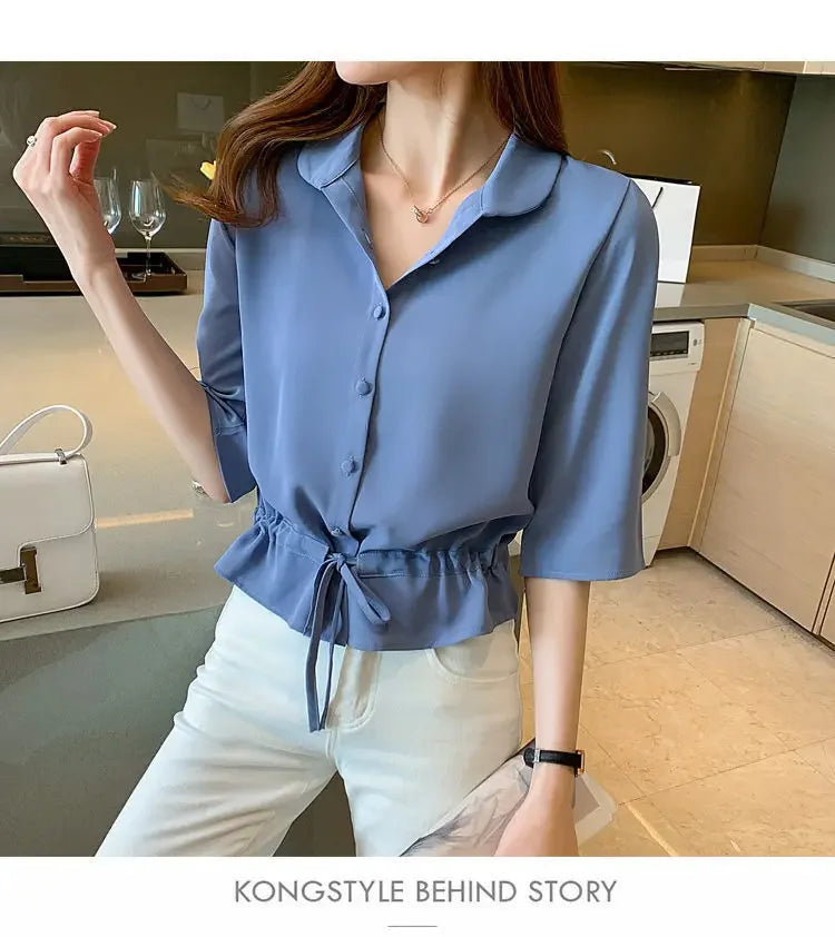 Summer Women All-match Solid Turn-down Collar Half Sleeve Chiffon Shirt Fashion Casual Shirring Single-breasted Blouses Female