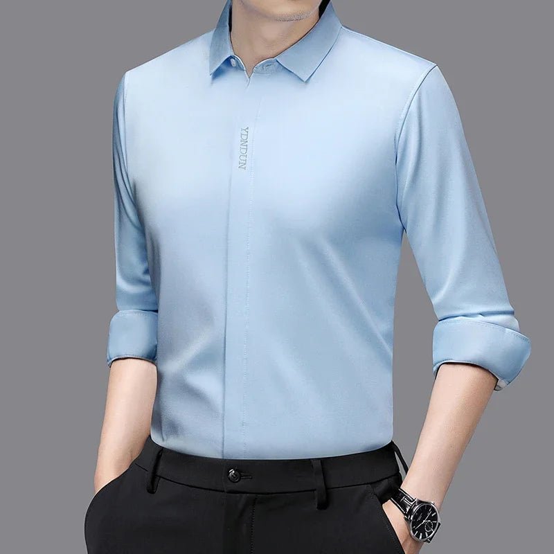 New Men's Business Casual Long Sleeved Solid Color Shirt Wrinkle Resistant Wrinkle Free Comfortable All Season Versatile Top