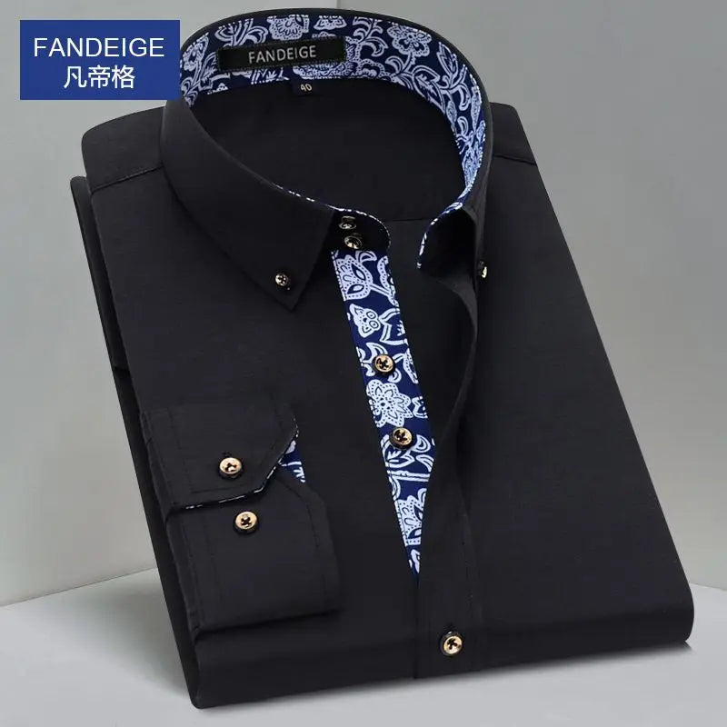 Blue and White Men's Dress Collar Shirt Long Sleeve Solid Color Printing Casual Business Slim Fit Cotton Shirts Anti-Wrinkle