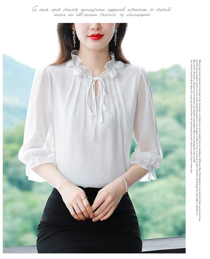 M-4XL Spring Summer Women Tops 2025 New Fashion Chiffon Blouse Petal Collar Half Sleeve Bow tie Loose Casual Shirt