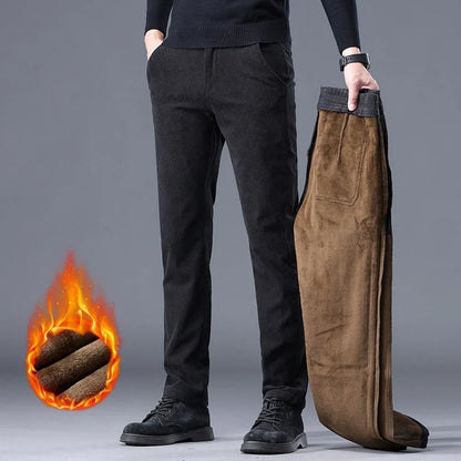 Fleece Men's Corduroy Casual Pants Chenille Stretch Solid Color Business Trousers Thickened Warm Winter Thermal Male Clothing