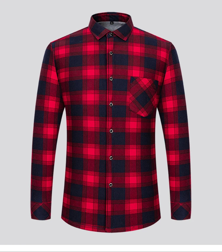 Autumn Winter Thicken Fleece Shirt Men Business Plaid Shirt Long Sleeve Warm Clothes Turn Down Collar Button Up Shirts Classic