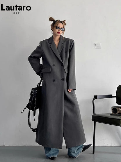 Lautaro Spring Autumn Long Grey Black Trench Coat for Women Double Breasted Loose Casual Korean Fashion Clothing Blazer 2025