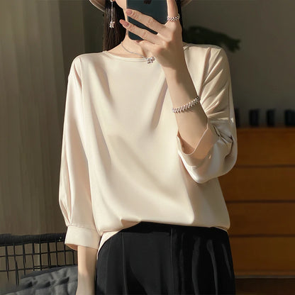 New Acetic Satin Nine-Sleeve T-shirt in Summer Women's Round Neck Loose Large Size Wide Sleeves Outside