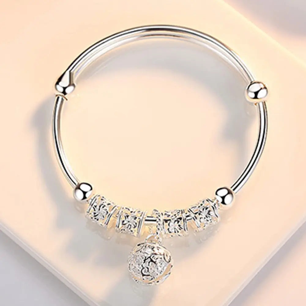 Fine Silver Color Hollow Bells Ball Bangles Adjustable Bracelets for Women Fashion Holiday Gifts Party Wedding Jewelry