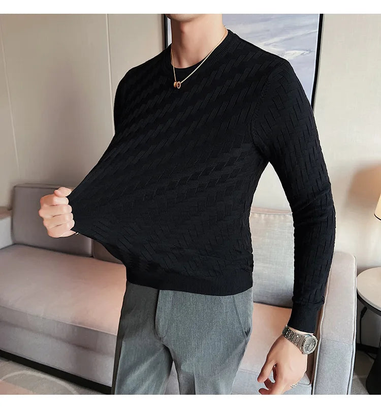 2025 Stretchable Jacquard Woven Winter Crew Neck Sweater Men's Slim Fit Pullover Knitwear Blue, Fashionable Check Pattern