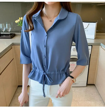 Summer Women All-match Solid Turn-down Collar Half Sleeve Chiffon Shirt Fashion Casual Shirring Single-breasted Blouses Female