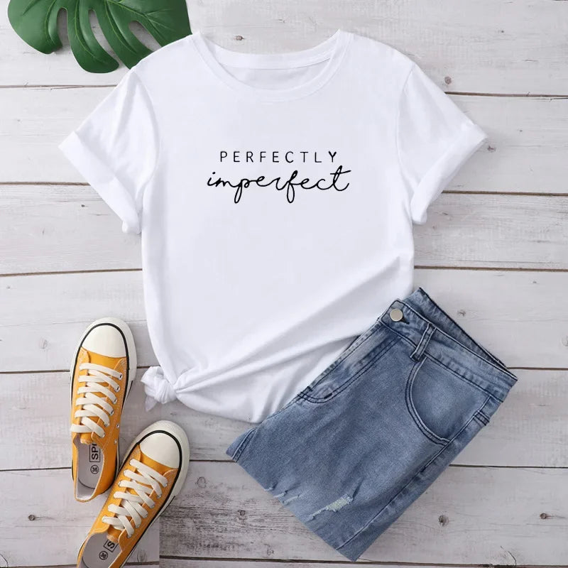 Perfectly Imperfect Letter Print Women's T-shirt Harajuku Casual Short Sleeve Black T-Shirt Female Summer Street Clothes Girl