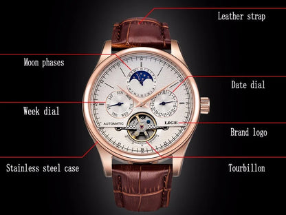 LIGE Men Watches Automatic Mechanical Watch Tourbillon Clock Genuine Leather Waterproof Watch Men Military Wristwatch Man