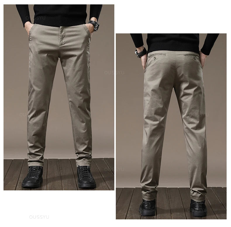 New High Quality Combed Cotton Casual Pants Men Thick Solid color Business Fashion Straight Fit Chinos Gray Brand Trousers Male