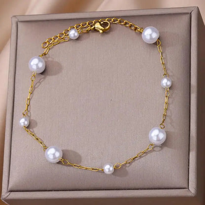 Anklets for Women Summer Beach Accessories Stainless Steel Imitation Pearl Chain Anklet Gold Color Leg Bracelets Bodychain Gifts