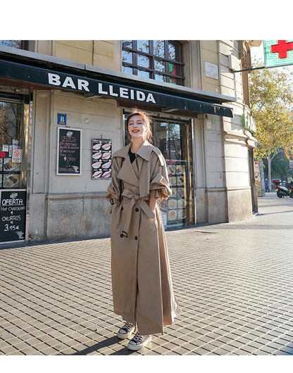 Lautaro Spring Autumn Extra Long Flowy Oversized Casual Trench Coat for Women Belt Double Breasted Loose Korean Fashion 2025