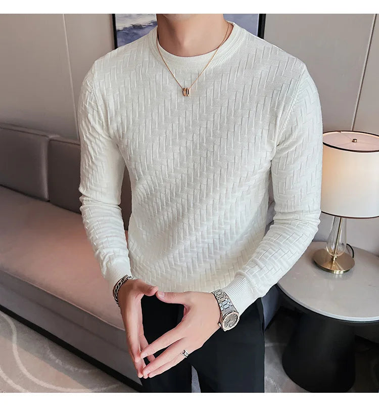 2025 Stretchable Jacquard Woven Winter Crew Neck Sweater Men's Slim Fit Pullover Knitwear Blue, Fashionable Check Pattern