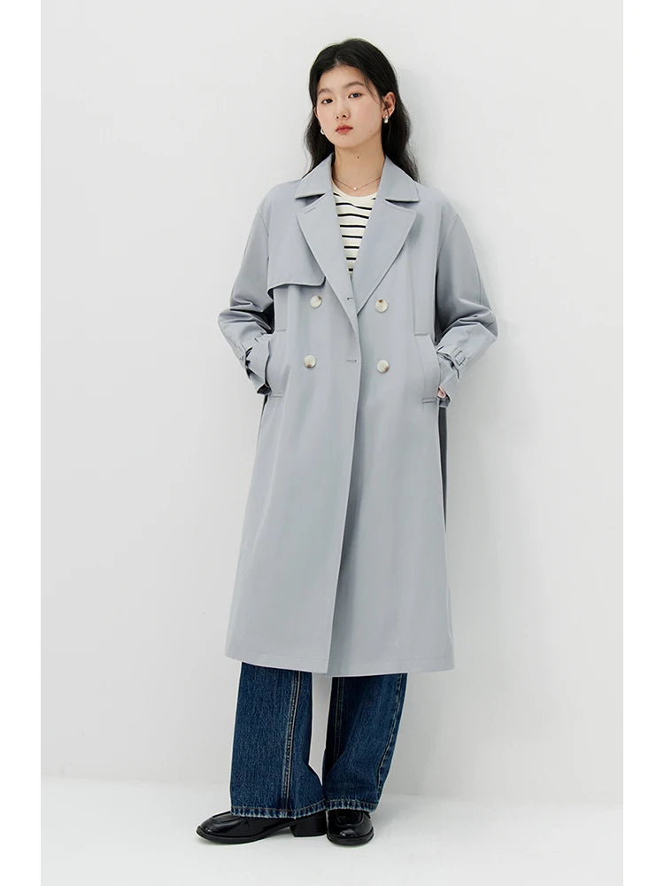 ZIQIAO Simple Double Breasted Long Straight Spring Trench Raglan Sleeve Turn-down Collar Female Blue Grey Trench Coat 24ZQ91232