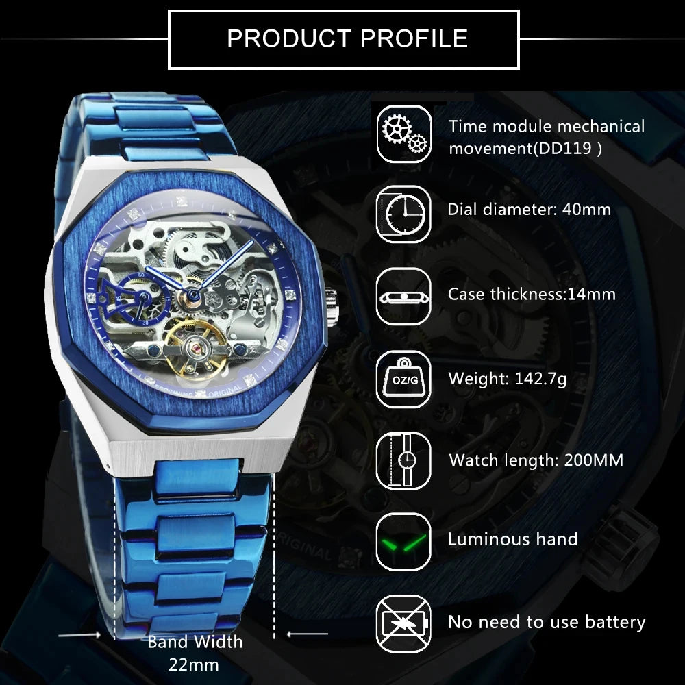 Forsining Silver Automatic Watch Men 3D Diamond Dial Irregular Tourbillon Skeleton Mechanical Wristwatches Luminous Hands Clock