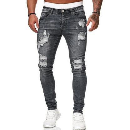 Retro Grey Stretch Slim Ripped Denim Pant Men's Fashion Streetwear Elastic Long Trousers Vintage Casual Denim Pencil Pants