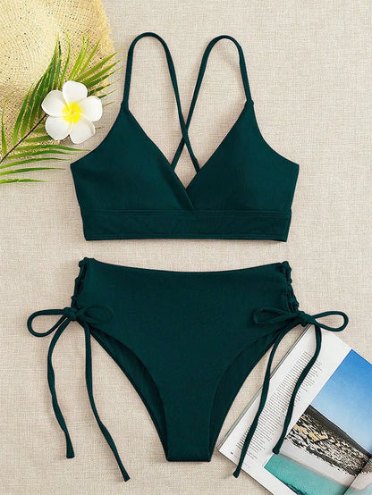 Cikini-V-Neck Split Bikini Set for Women, Sexy Swimsuit, Lace Up, Triangular Bikinis, Solid Color, Beach Swimwear, Bathing Suit