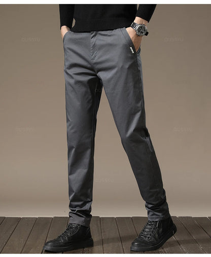 New High Quality Combed Cotton Casual Pants Men Thick Solid color Business Fashion Straight Fit Chinos Gray Brand Trousers Male