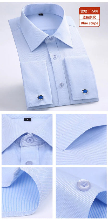 M~6XL Men's French Cuff Dress Shirt White Long Sleeve Social Male Shirts Regular Fit Party Dinner Wedding Cufflinks Formal Shirt