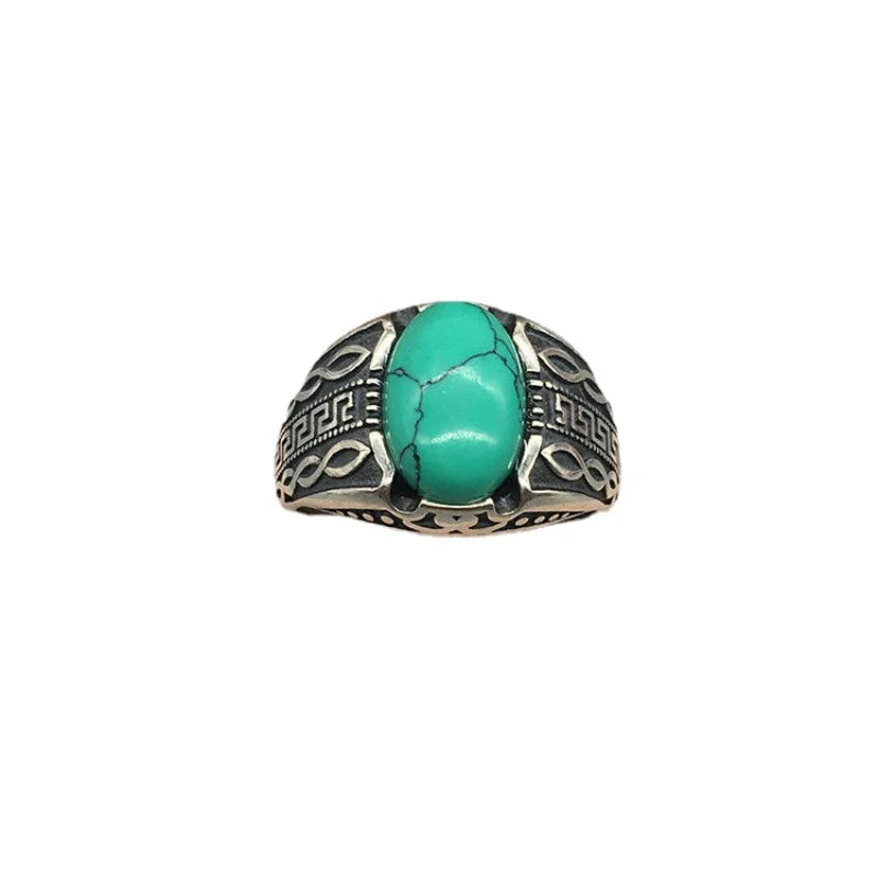 Ethnic Style Emerald Mongolian Element Men's Geometric Adjustable Art Vintage Ring Vintage Live Gift Party