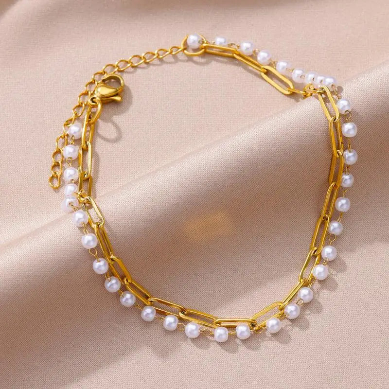 Anklets for Women Summer Beach Accessories Stainless Steel Imitation Pearl Chain Anklet Gold Color Leg Bracelets Bodychain Gifts