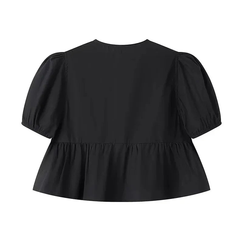 TRAF Ruffle Blouses Woman 2025 Puff Sleeve Shirts and Blouses for Women White Black Ruched Crop Top Female Ruched Women's Blouse