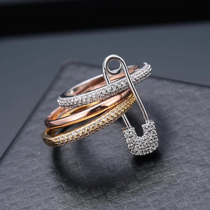 Pin Ring Three Layer Zircon Series Hip Hop Style Stainless Steel New Year Gift Party Jewelry Ring