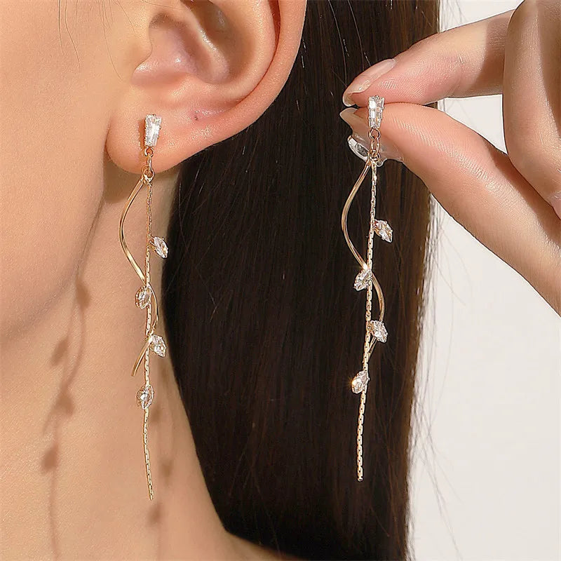 Drop Ear Line Long Hanging Earrings for Women Rose Gold Color Zircon Crystal Piercing Threader Earing Ear Accessories Jewelry