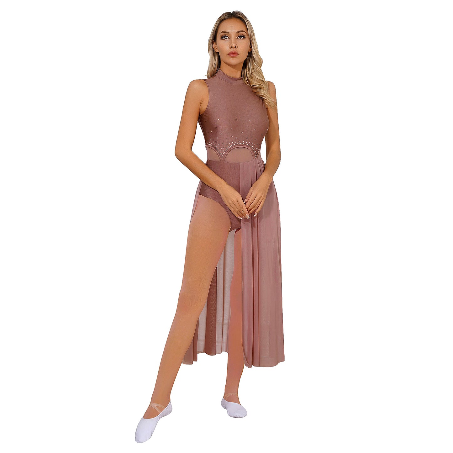 Women Sleeveless Contemporary Lyrical Dance Leotard Dresses High Split Sheer Mesh Skirted Ballet Gymnastics Bodysuit Dancewear