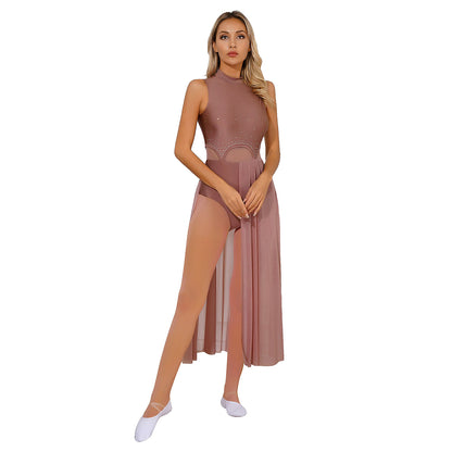 Women Sleeveless Contemporary Lyrical Dance Leotard Dresses High Split Sheer Mesh Skirted Ballet Gymnastics Bodysuit Dancewear