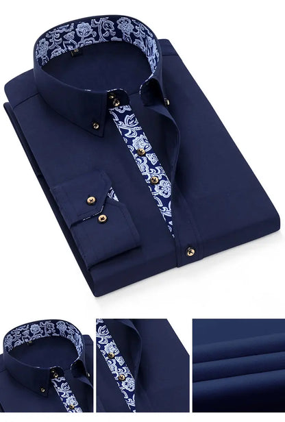 Blue-and-white Porcelain Collar Shirt Men Long Sleeve Korean SlimFit Casual Business Dress Shirts Solid Color White Shirt Cotton