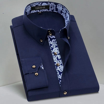 Blue and White Men's Dress Collar Shirt Long Sleeve Solid Color Printing Casual Business Slim Fit Cotton Shirts Anti-Wrinkle