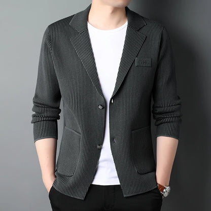 Top Grade New Brand Fashion Slim Fit Blazer Jacket Smart Elegant Stylish Knitted Suit Striped Men Coat Casual Mens Clothes 2025