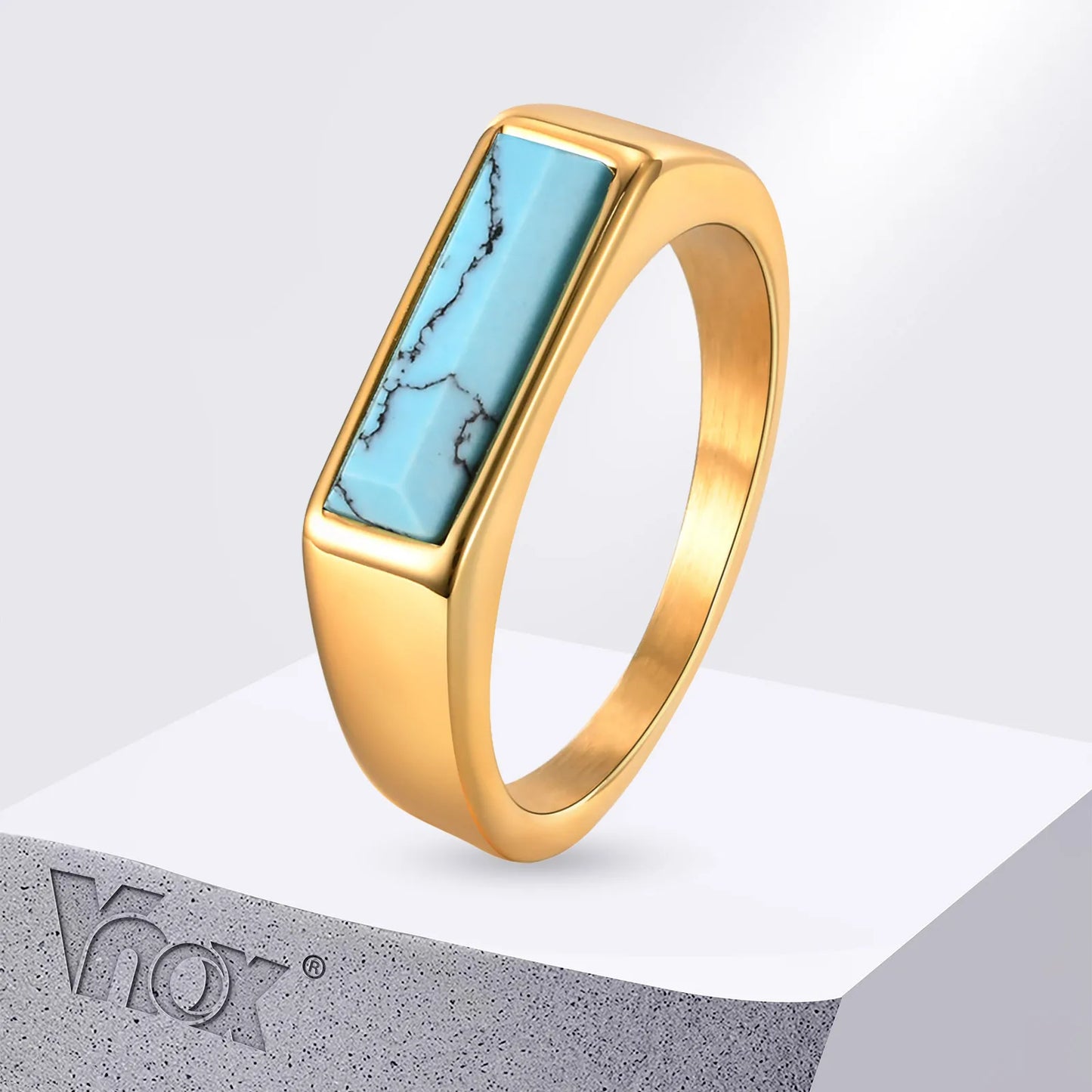 Vnox Natural Stone Signet Ring for Men Women, Unisex Gold Plated Stainless Steel Finger Band,Fraternal Ring Gift