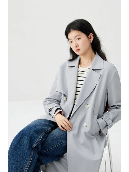 ZIQIAO Simple Double Breasted Long Straight Spring Trench Raglan Sleeve Turn-down Collar Female Blue Grey Trench Coat 24ZQ91232