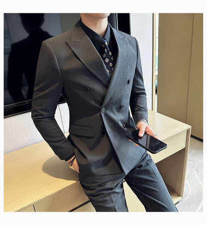 British Style Double Breasted Design Men's Suit Formal Business Slim Fit Casual Suits Sets Men Wedding Party Tuxedo 3 Pieces Set