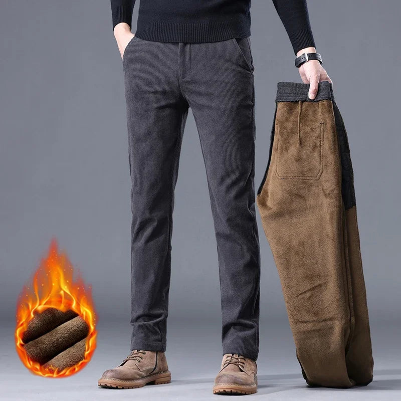 Fleece Men's Corduroy Casual Pants Chenille Stretch Solid Color Business Trousers Thickened Warm Winter Thermal Male Clothing