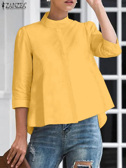 ZANZEA 2025 Summer Office Lady Blouse Stand Collar Casual Tops Women Solid Color Blusas 3/4 Sleeve Street Buttons Fashion Shirts