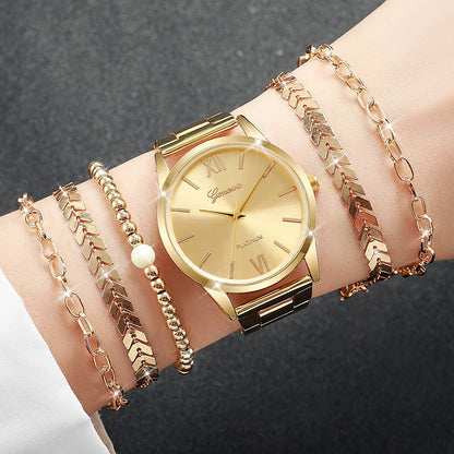 6PCS Women's Watch Fashion Gold Steel Band Quartz Watches Bracelets Set（Without Box）