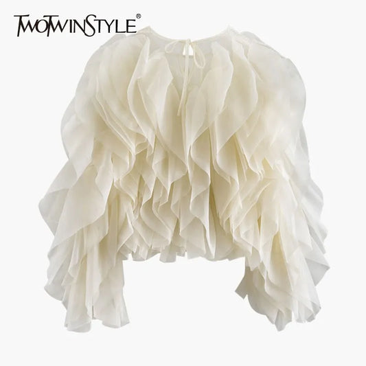 TWOTWINSTYLE Ruffles Shirts For Women O Neck Lantern Sleeve Loose Pullover Summer Blouse Female Fashion Style Clothing 2024 New