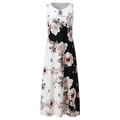 Summer European and American Sleeveless Long Dress Women Flower Print Large Swing Skirt Bohemian Retro Loose Long Skirt