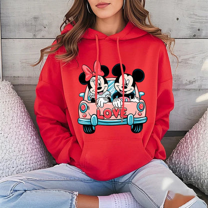 Mickey Minnie Disney Mouse Love Car Print Hoodie for Women Sports Sweatshirt Casual Tops Loose Clothing