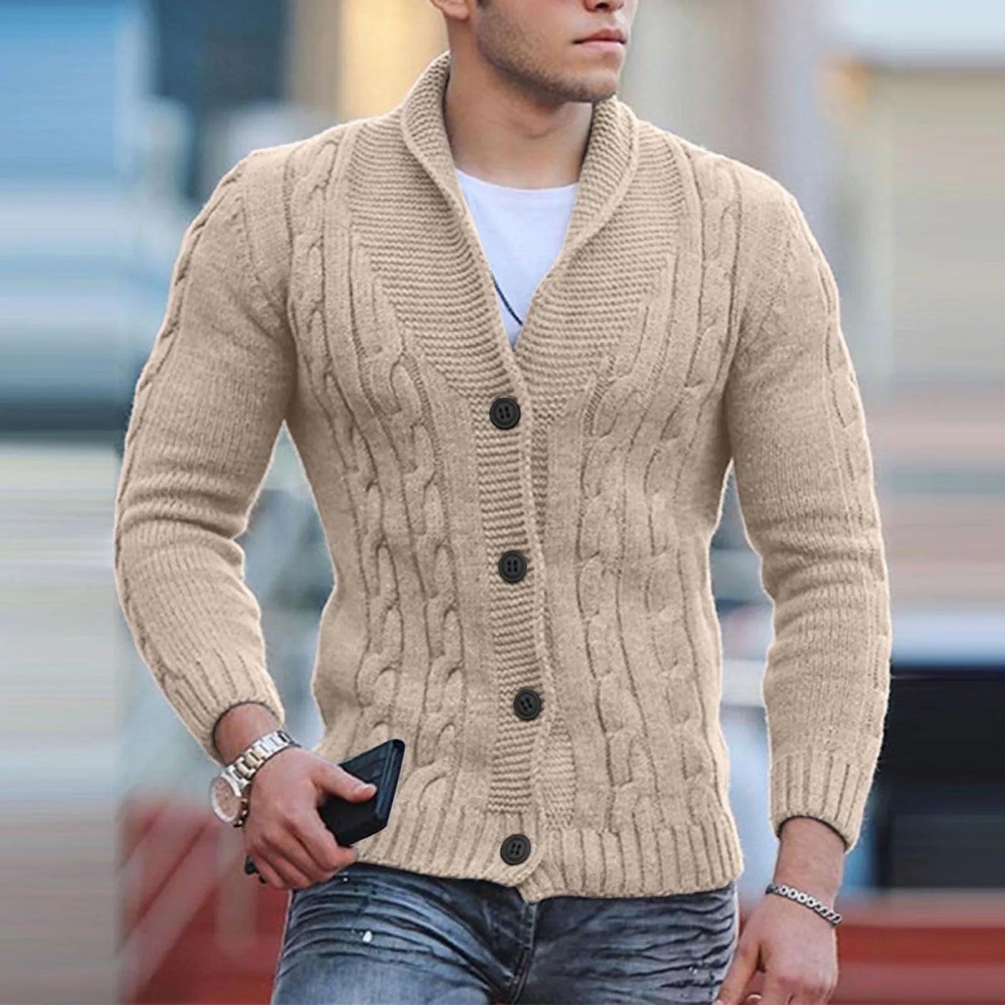 Mens Autumn Fashion Solid Color Knit Cardigan Sweater 2024 New Shawl Collar Loose Fit Long Sleeve Single-breasted Cardigans