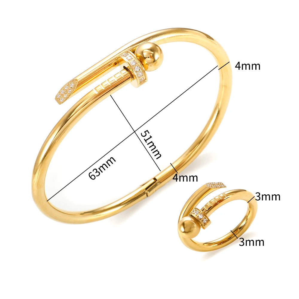 Stainless Steel Jewelry Sets Gold Color CZ Crystal Bracelets Ring for Women Girl Trendy Stylish Screws Shining New Bangle Rings