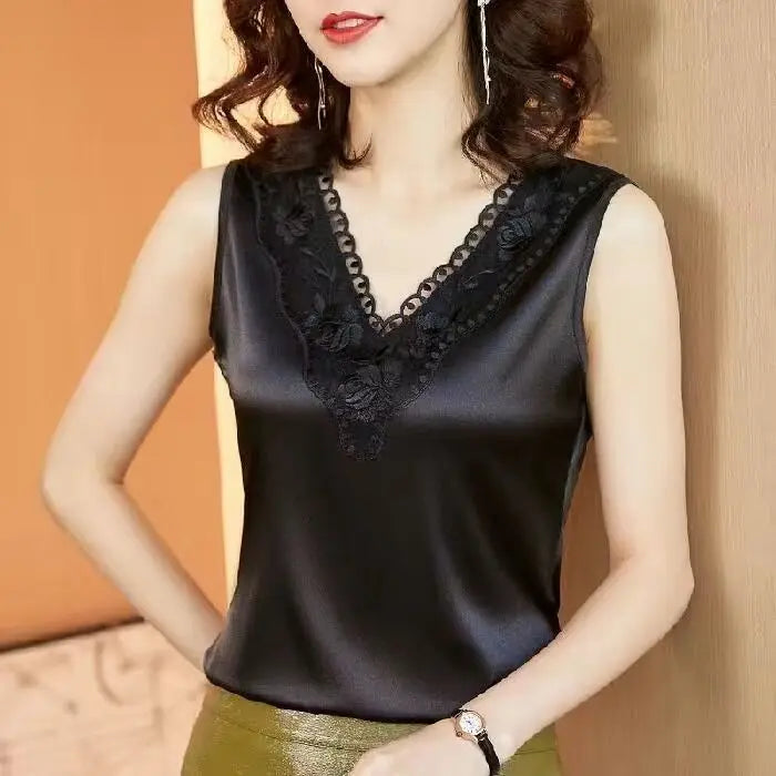 Woman T-shirts Elegant SILK Satin Blouse Sleeveless Female Summer Casual Loose Tanks and Camis Solid Green Tops for Women