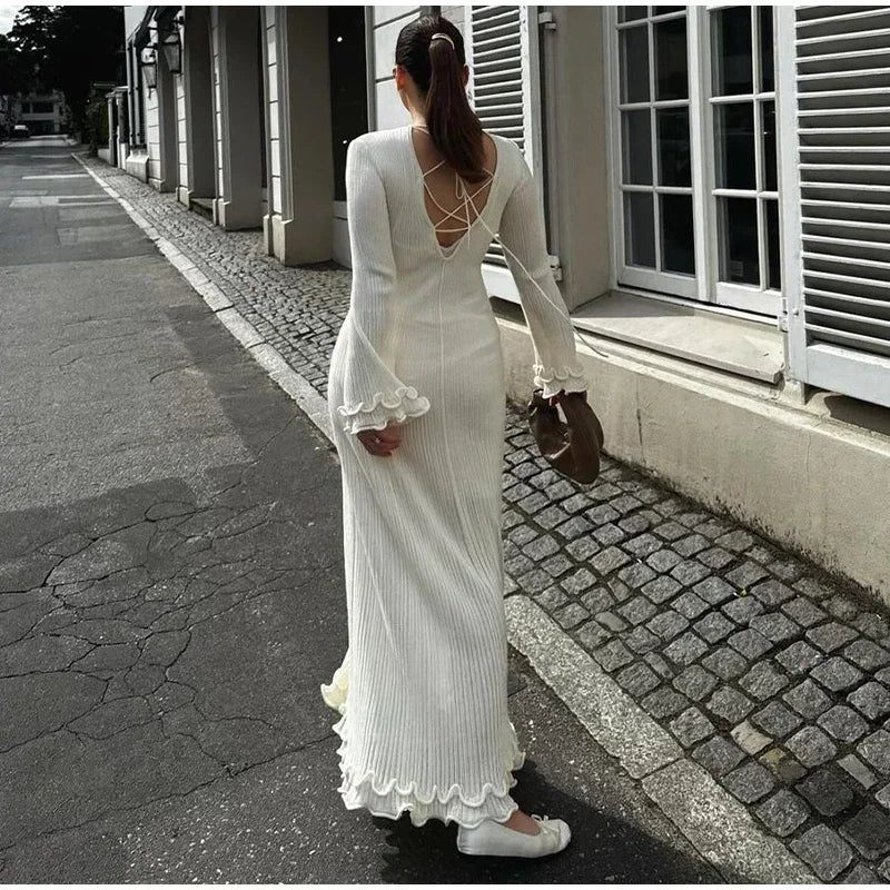 Elegant Women's Ruffles Hem Flare Sleeve Knitted Long Dress Chic Backless Lace Up Round Neck Vestido New Female Vacation Robes