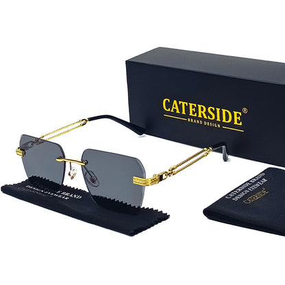 Caterside Rimless Pilot Sunglasses Men Square Metal Frame Women Glasses Travel Party Business UV400 Eyewear Choice for Gifts