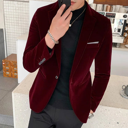 Burgundy Velvet Blazer Men 2022 Fashion Casual Blazer Men Wedding Groom Singer Costume Slim Blazer Formal Evening Dress M-5XL